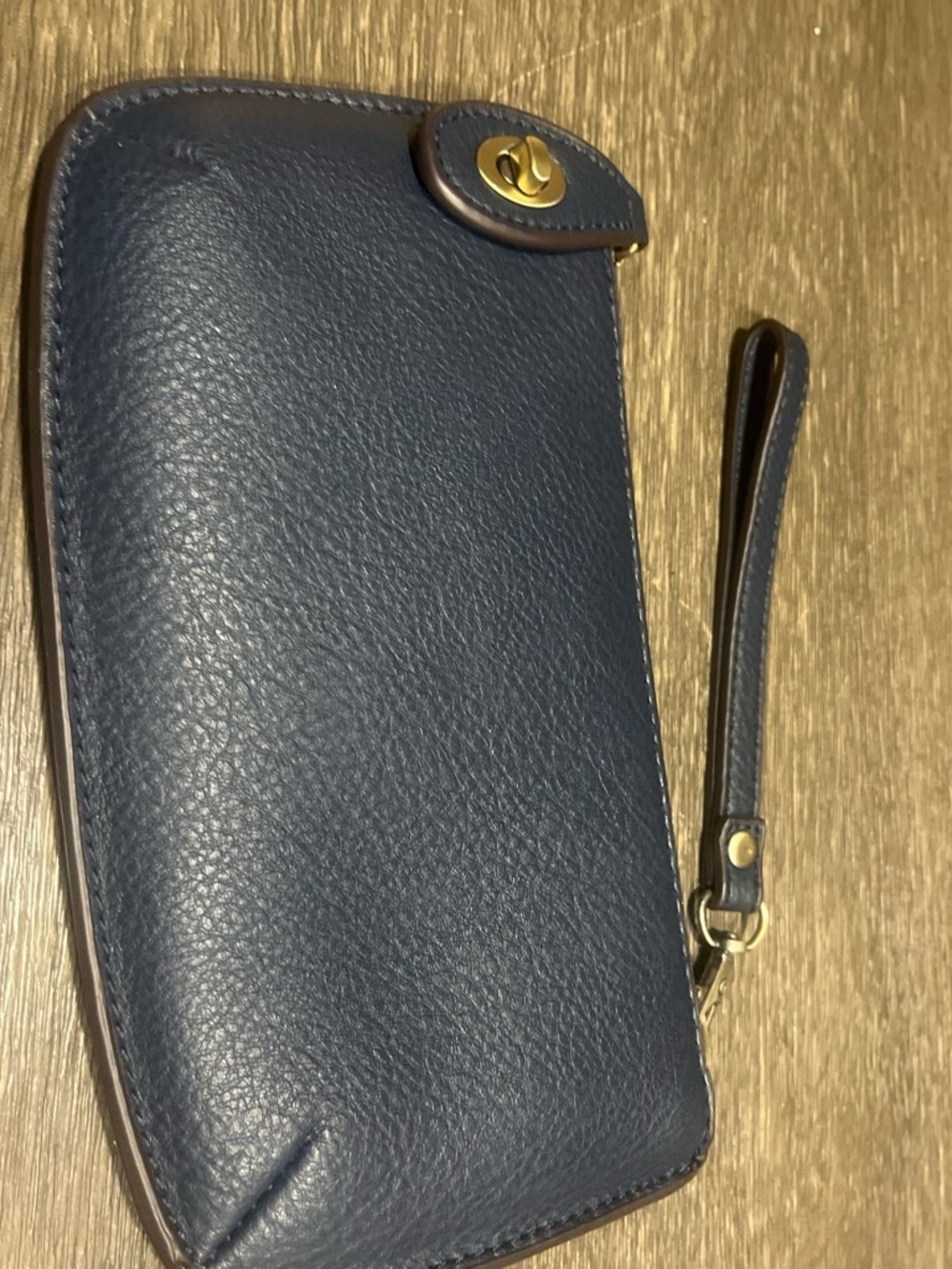 Joy Susan Navy Leather Wristlet Clutch with Gold Accent